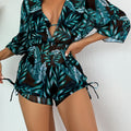 Island Bloom 3-Piece Bikini Set for Women – Tropical Leaf Print Fluttering Swimwear with Flattering Halter Neck Top High Waist Bottoms & Adjustable Drawstring Cover Up – Perfect for Koningsdag Celebrations & Summer Adventures