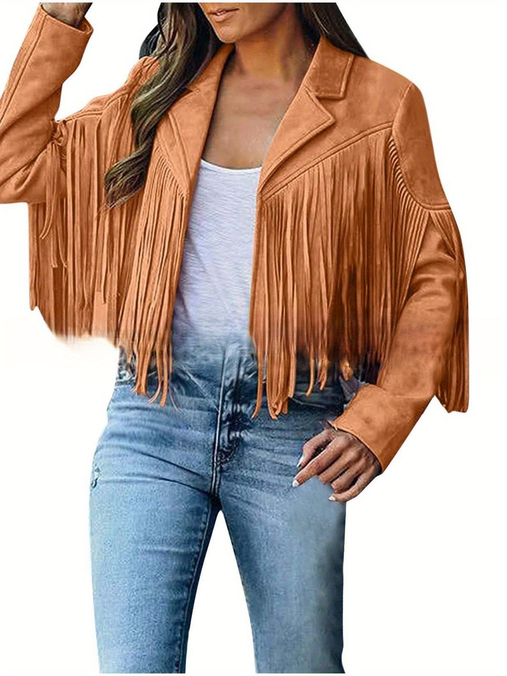 Women's Short Deerskin Jacket with Fringe Hem & Tassel Trim - Slim-Fit T-Shaped Silhouette, Zipper Closure, Round Neck Casual Coat for Spring/Fall (Hand Washable) - Grey/Black/Brown - Versatile Outerwear for Jeans & Dresses,