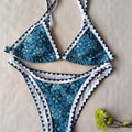 New Blossom Charm High-Cut Bikini Set For Summer – Strapless Floral Print Swimsuit with Elegant Embroidered Cut-Out Triangular Top Contrast Trim and Back Buckle – Women’s 2-Piece Summer Beachwear