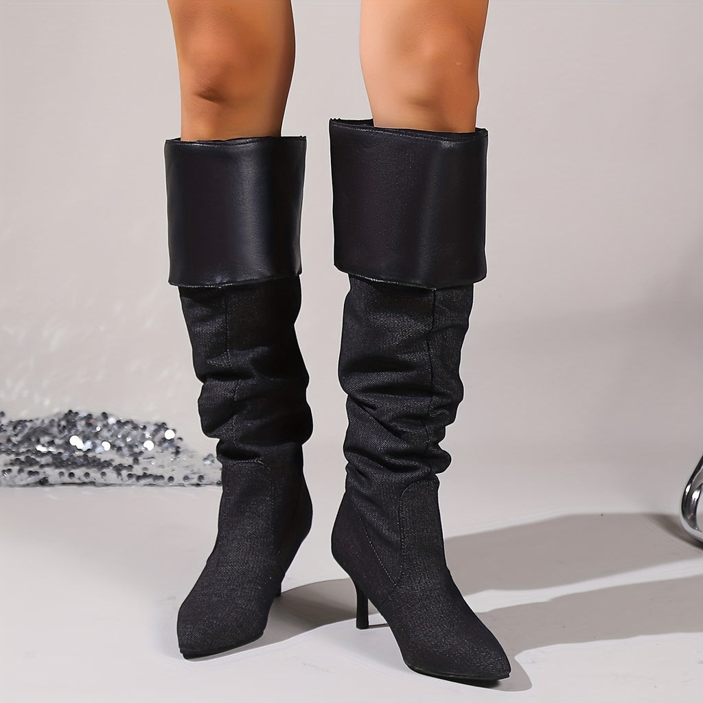 Women's Denim Stiletto Long Boots, Folding Design Slouch Knee High Boots, Fashion Slip On High Heeled Boots