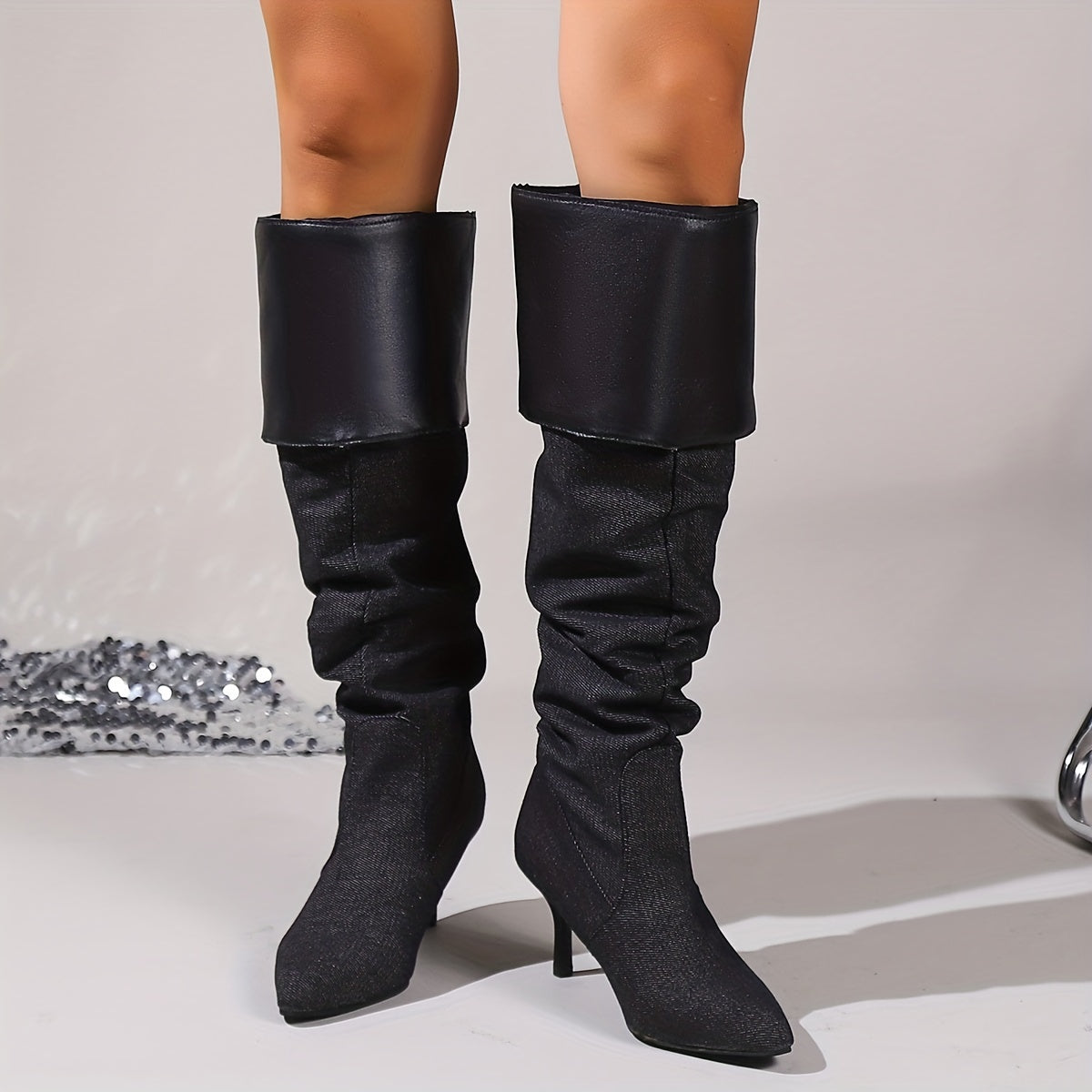 Women's Denim Stiletto Long Boots, Folding Design Slouch Knee High Boots, Fashion Slip On High Heeled Boots