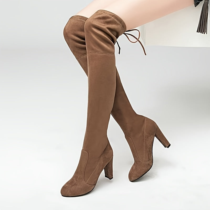 [Elegant Boots] Elegant Women's Boots, Classic Solid Color Chunky Heel Over-the-Knee Boots | Inexpensive Dark Black Slip-On Long Boots, Cute Gift for Mom