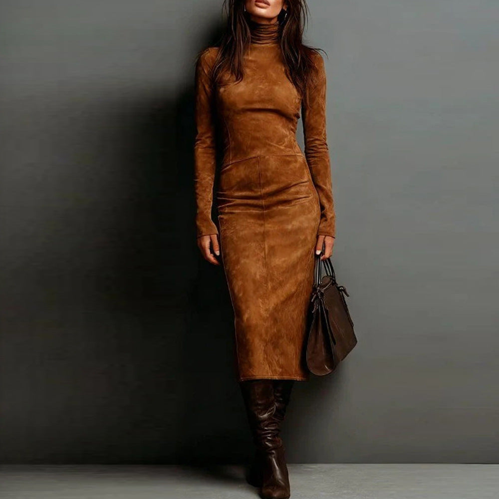 Women's Fall/Winter Sexy Elegant Retro High Neck Bodycon Dress - Long Sleeve Fitted Skirt, Solid Color Base Dress for Dresses, Machine Washable Winter Wardrobe Essential (No Undergarment Visibility)