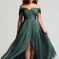 Plus Size - Plus Size - Plus Size, Plus Size Women'S Elegant Off-Shoulder/One-Shoulder Bridesmaid Maxi Dress - Dark Green Chiffon Wrap Slit with High-Low Hem, A-Line Silhouette, Chest Wrinkle Accent & Flowy Train - Wedding Pa