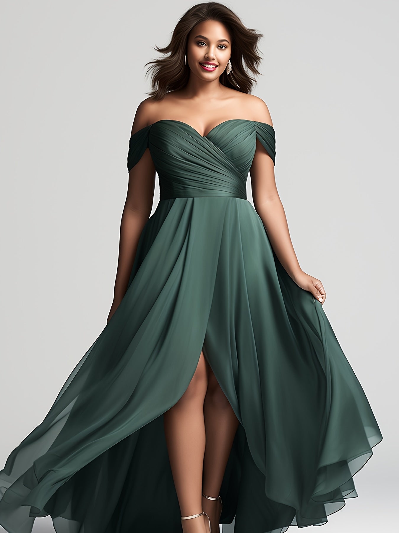 Plus Size - Plus Size - Plus Size, Plus Size Women'S Elegant Off-Shoulder/One-Shoulder Bridesmaid Maxi Dress - Dark Green Chiffon Wrap Slit with High-Low Hem, A-Line Silhouette, Chest Wrinkle Accent & Flowy Train - Wedding Pa
