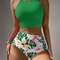 Island Bloom High Waist Bikini Set for Summer – Colorblock Tropical Print Two-Piece Swimsuit with Round Neckline Ultra-Stretch Fit & Applique Detail – Stylish and Comfortable Women’s Swimwear for Pool Beach & Summer Escapes