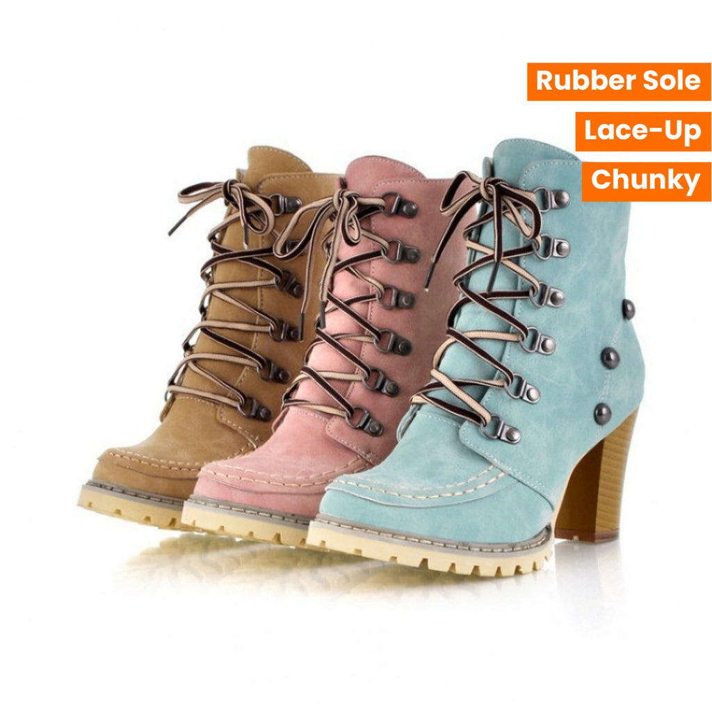 Women's Vintage Distressed Lace-Up Chunky Block Heel Ankle Boots - Western Style Round Toe Short Boots with & Outsole, Beige/Pink/, Hand Washable Rubber Sole (Brown Lace Compatible) for Jeans & Dresses