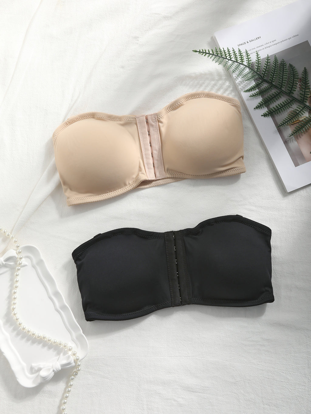 [Strapless Bustier Bras] 2pcs CELILIN Strapless Bustier Bras - Invisible Under Clothing, Medium Support & Coverage, Elastic Comfort Fit for Strapless/Off-Shoulder Dresses, Hiking & Outdoor Activities, Black & Beige, Daily Wea