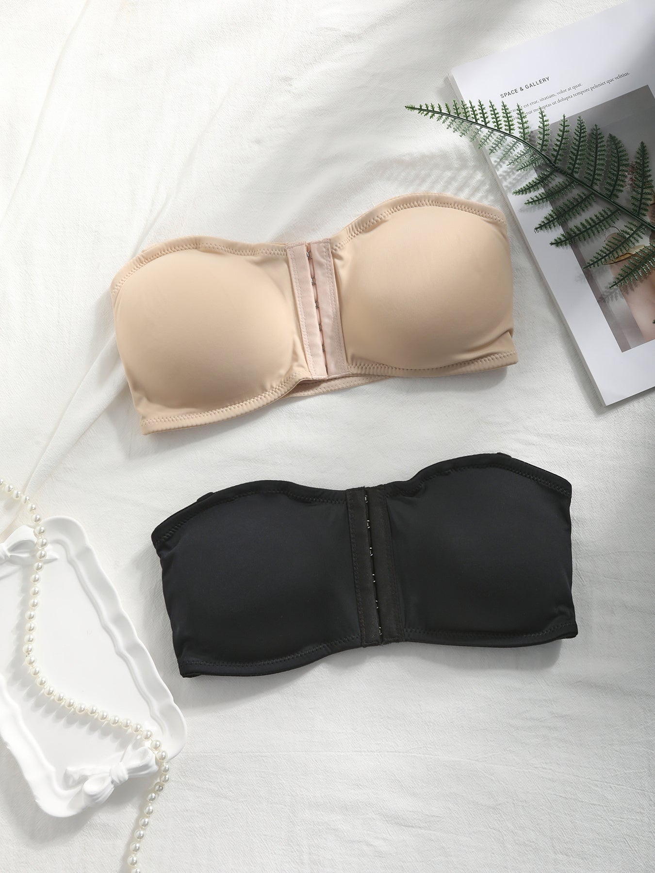 [Strapless Bustier Bras] 2pcs CELILIN Strapless Bustier Bras - Invisible Under Clothing, Medium Support & Coverage, Elastic Comfort Fit for Strapless/Off-Shoulder Dresses, Hiking & Outdoor Activities, Black & Beige, Daily Wea