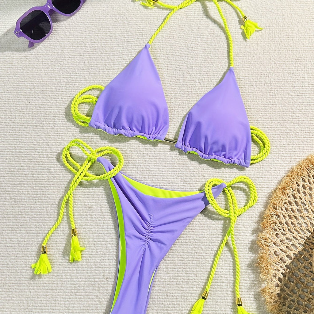 New Festival Flame Halter Bikini Set for Women – Triangle V-Neck Backless Two-Piece Swimsuit with Tie Side Bottoms & Adjustable Lace-Up Fit – Sleek Polyamide Swimwear for Koningsdag/King’s Day & Summer Beach Celebrations