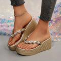 The Wedge-Heeled Flip-Flops with Rhinestones Are Eye-Catching And Glamorous.