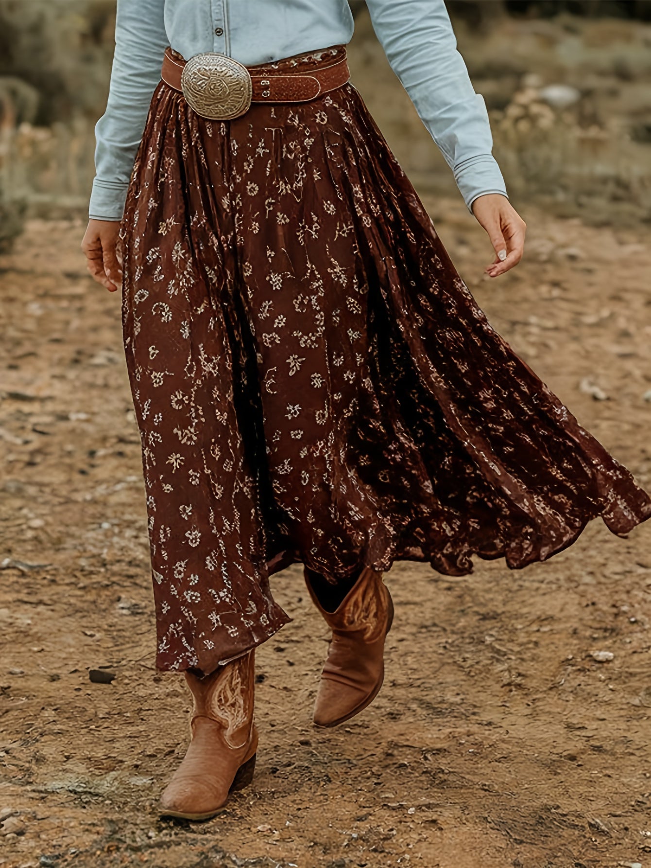 Women's Vintage Western Denim High-Waist Skirt - Small Floral print ( bloom/neutral tones) - Machine Washable Fall Winter Elegant Half-Skirt for Parties, Photoshoots, Daily Outfits - Retro Denim Style for Dresses converted to