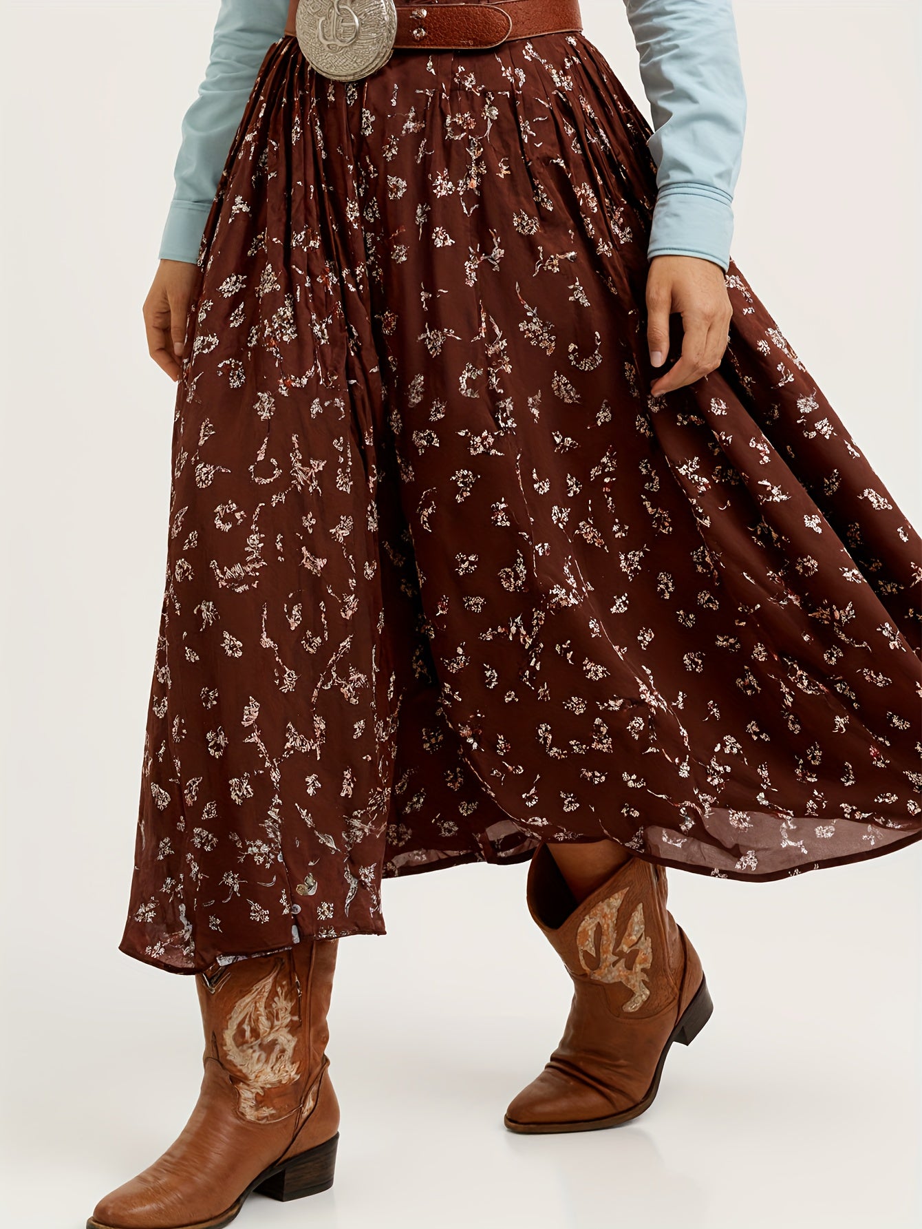 Women's Vintage Western Denim High-Waist Skirt - Small Floral print ( bloom/neutral tones) - Machine Washable Fall Winter Elegant Half-Skirt for Parties, Photoshoots, Daily Outfits - Retro Denim Style for Dresses converted to