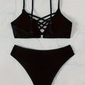 Noir Allure Criss Cross Bikini Set for Women – Chic Elegant Hollow Out Design with High Waist Buckle Detail Adjustable Spaghetti Straps & Medium Stretch Nylon – 2-Piece Women's Swimwear for Summer Beach Days & Poolside Glam