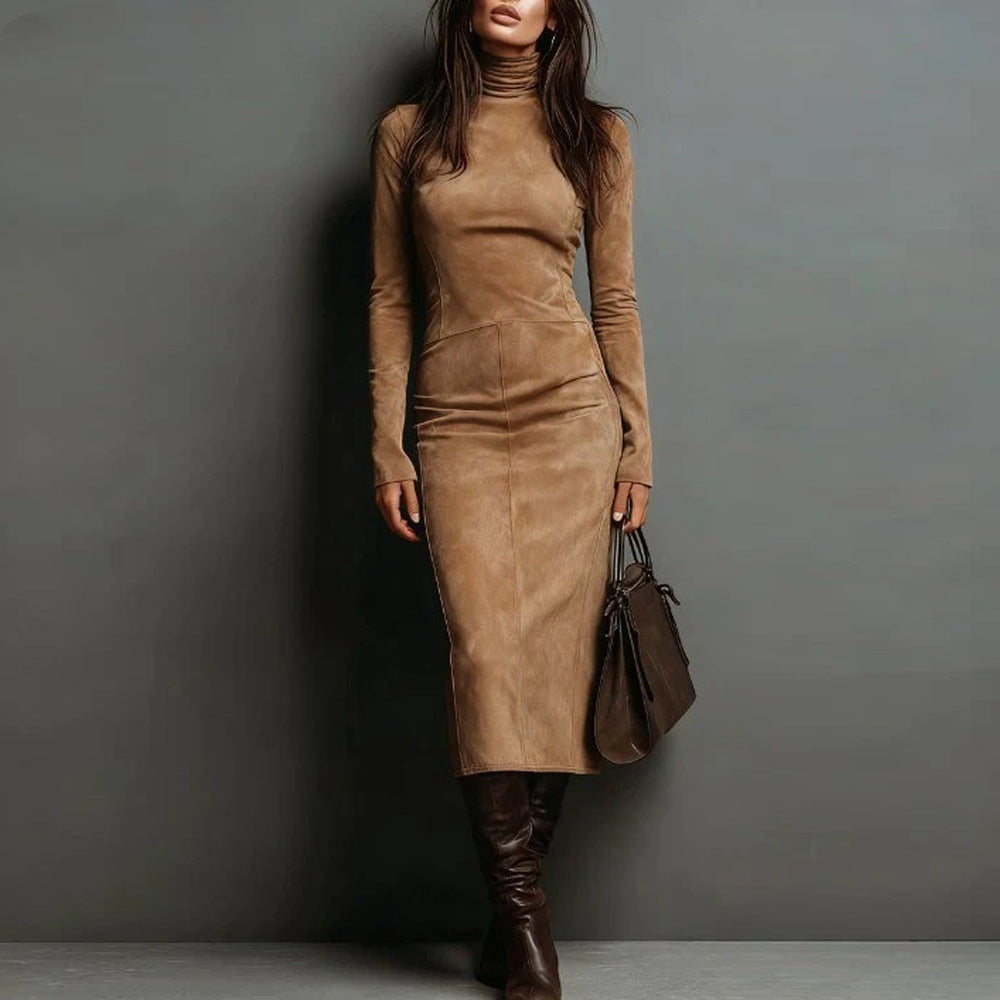 Women's Fall/Winter Sexy Elegant Retro High Neck Bodycon Dress - Long Sleeve Fitted Skirt, Solid Color Base Dress for Dresses, Machine Washable Winter Wardrobe Essential (No Undergarment Visibility)