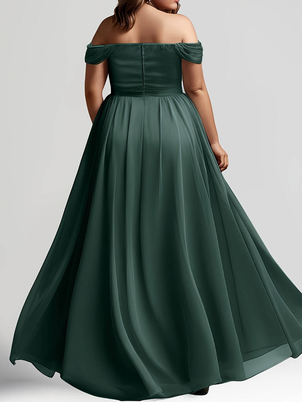 Plus Size - Plus Size - Plus Size, Plus Size Women'S Elegant Off-Shoulder/One-Shoulder Bridesmaid Maxi Dress - Dark Green Chiffon Wrap Slit with High-Low Hem, A-Line Silhouette, Chest Wrinkle Accent & Flowy Train - Wedding Pa