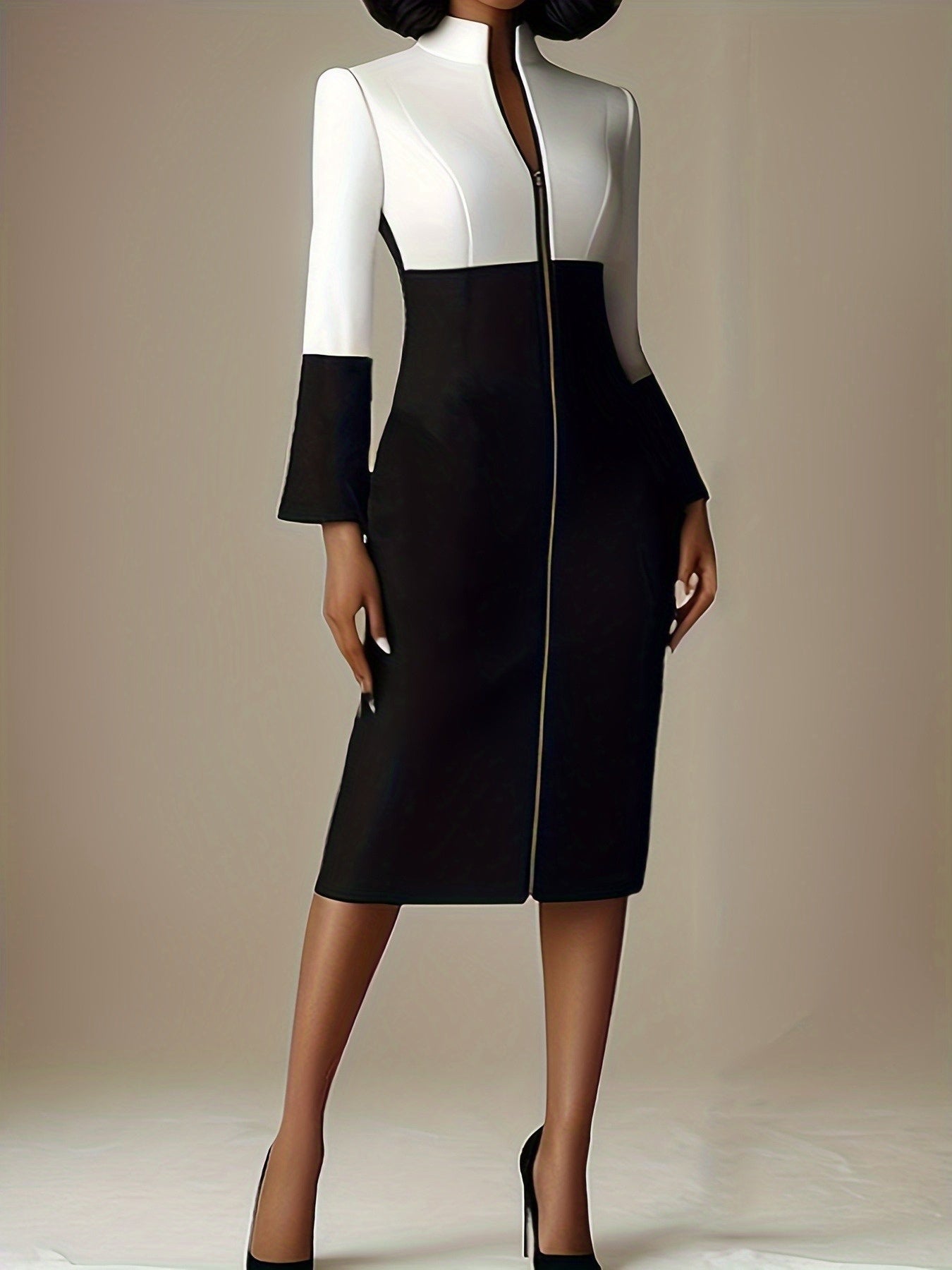 Women'S Elegant Long Sleeve party dress - Formal event gown with Zipper back, Green & Accent colors, Structured Stand-Up Collar, Fall/Winter Formal attire for Galas, Weddings, Business Functions - Women'S Formal Dresses