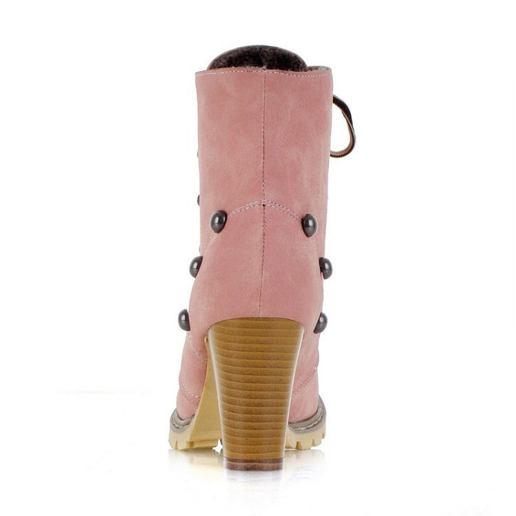 Women's Vintage Distressed Lace-Up Chunky Block Heel Ankle Boots - Western Style Round Toe Short Boots with & Outsole, Beige/Pink/, Hand Washable Rubber Sole (Brown Lace Compatible) for Jeans & Dresses