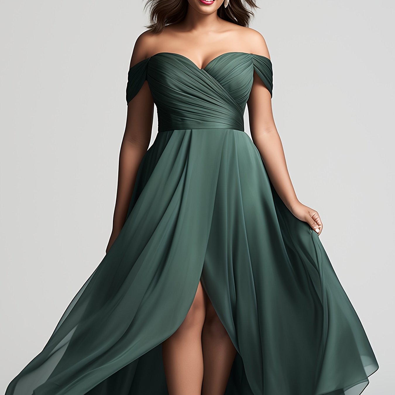 Plus Size - Plus Size - Plus Size, Plus Size Women'S Elegant Off-Shoulder/One-Shoulder Bridesmaid Maxi Dress - Dark Green Chiffon Wrap Slit with High-Low Hem, A-Line Silhouette, Chest Wrinkle Accent & Flowy Train - Wedding Pa