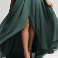 Plus Size - Plus Size - Plus Size, Plus Size Women'S Elegant Off-Shoulder/One-Shoulder Bridesmaid Maxi Dress - Dark Green Chiffon Wrap Slit with High-Low Hem, A-Line Silhouette, Chest Wrinkle Accent & Flowy Train - Wedding Pa
