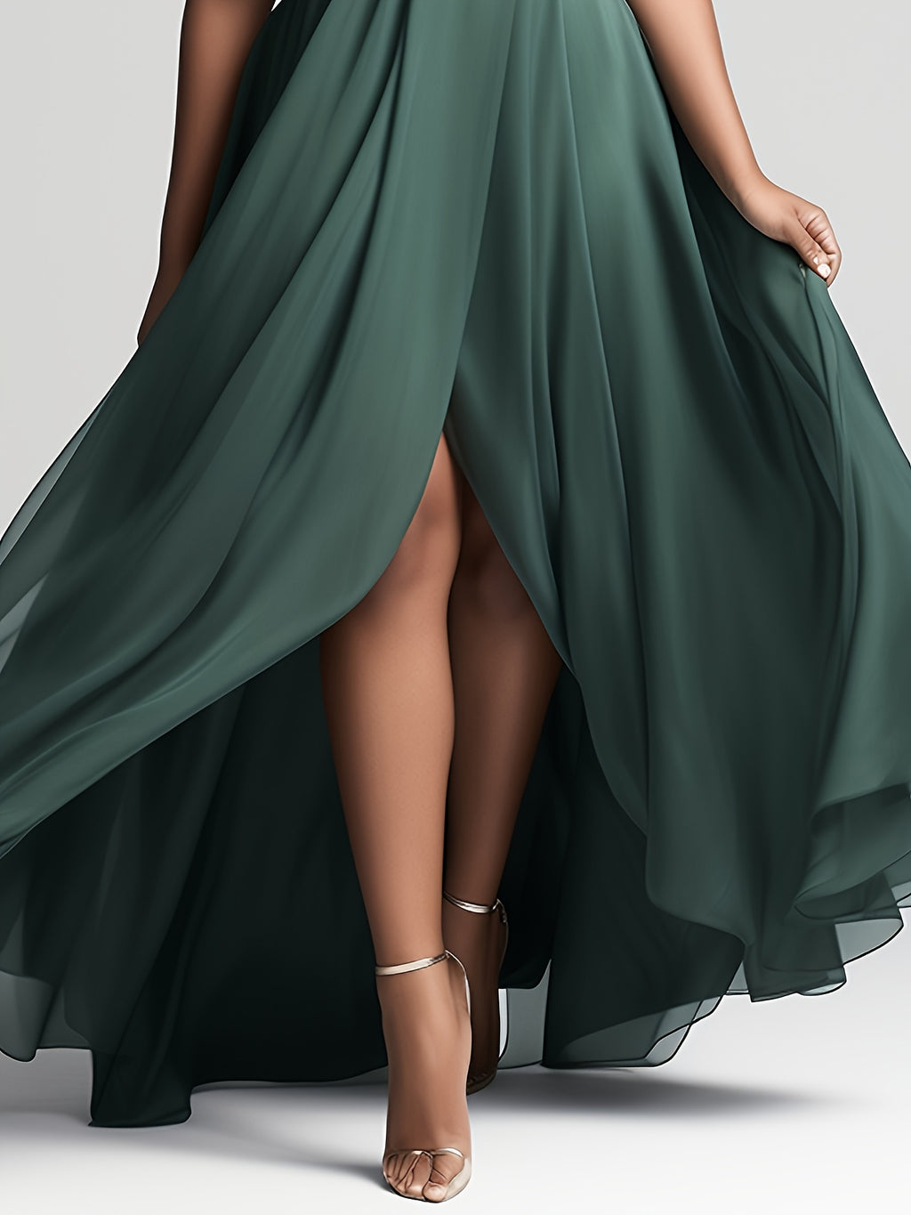 Plus Size - Plus Size - Plus Size, Plus Size Women'S Elegant Off-Shoulder/One-Shoulder Bridesmaid Maxi Dress - Dark Green Chiffon Wrap Slit with High-Low Hem, A-Line Silhouette, Chest Wrinkle Accent & Flowy Train - Wedding Pa