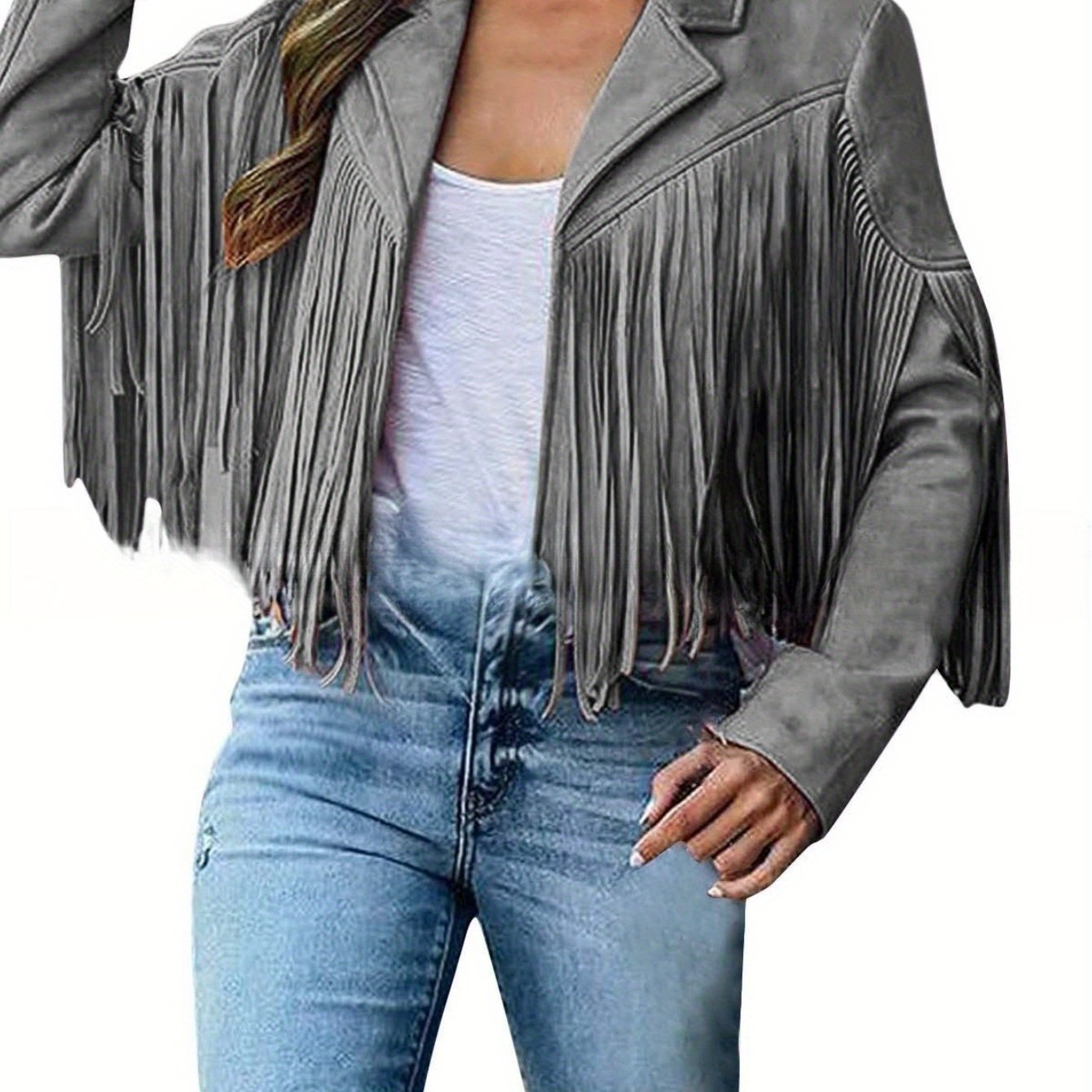 Women's Short Deerskin Jacket with Fringe Hem & Tassel Trim - Slim-Fit T-Shaped Silhouette, Zipper Closure, Round Neck Casual Coat for Spring/Fall (Hand Washable) - Grey/Black/Brown - Versatile Outerwear for Jeans & Dresses,