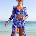 Luxe Lines 3-Piece Geometric Bikini Set for Women – High Rise Drawstring Bikini with Boxer Shorts & Long Sleeve Sheer Kimono Cover-Up – Bold & Breezy Women’s Swimwear for Summer Beach Pool & Getaways