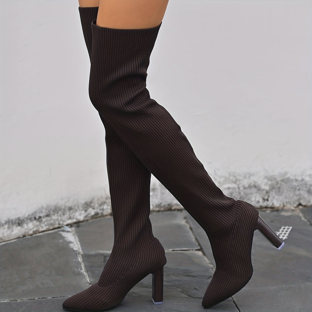 Women's Solid Color Long Boots, Slip On Point Toe Stiletto Heel Elastic Slim Over Knee Boots, Versatile Comfy Knit Shoes