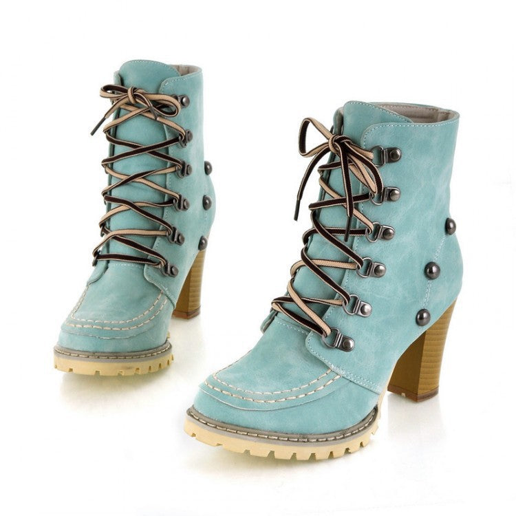 Women's Vintage Distressed Lace-Up Chunky Block Heel Ankle Boots - Western Style Round Toe Short Boots with & Outsole, Beige/Pink/, Hand Washable Rubber Sole (Brown Lace Compatible) for Jeans & Dresses