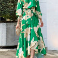 Plus Size - Plus Size - Plus Size, Women'S Elegant Plus Size Floral Print Maxi Dress with Puffed Lantern Sleeves - High Waist A-Line Silhouette, V-Neck Long Dress in Emerald Green & Beige, All-Season Formal & Semi-Formal Occa