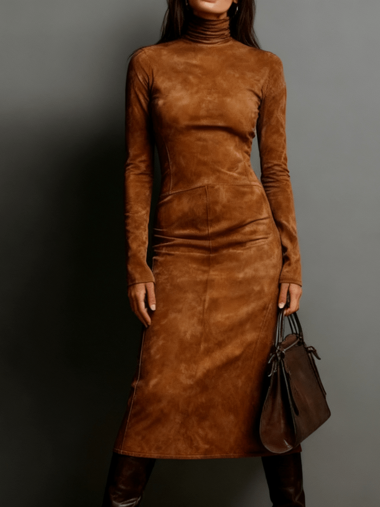 Women's Fall/Winter Sexy Elegant Retro High Neck Bodycon Dress - Long Sleeve Fitted Skirt, Solid Color Base Dress for Dresses, Machine Washable Winter Wardrobe Essential (No Undergarment Visibility)