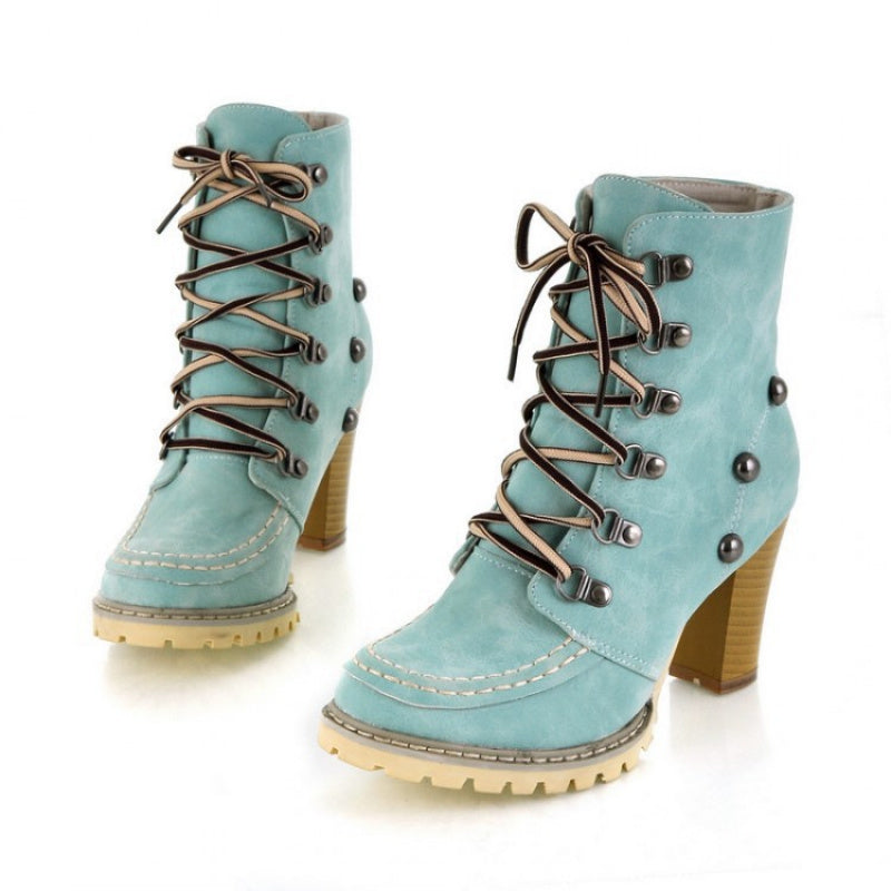Women's Vintage Distressed Lace-Up Chunky Block Heel Ankle Boots - Western Style Round Toe Short Boots with & Outsole, Beige/Pink/, Hand Washable Rubber Sole (Brown Lace Compatible) for Jeans & Dresses