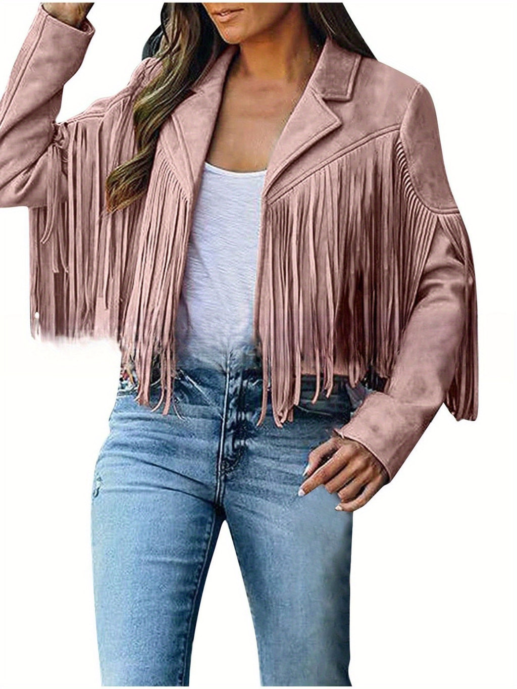 Women's Short Deerskin Jacket with Fringe Hem & Tassel Trim - Slim-Fit T-Shaped Silhouette, Zipper Closure, Round Neck Casual Coat for Spring/Fall (Hand Washable) - Grey/Black/Brown - Versatile Outerwear for Jeans & Dresses,