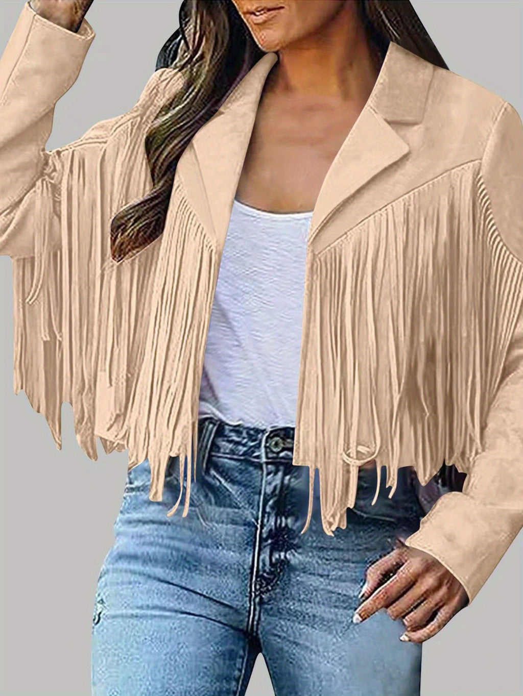 Women's Short Deerskin Jacket with Fringe Hem & Tassel Trim - Slim-Fit T-Shaped Silhouette, Zipper Closure, Round Neck Casual Coat for Spring/Fall (Hand Washable) - Grey/Black/Brown - Versatile Outerwear for Jeans & Dresses,