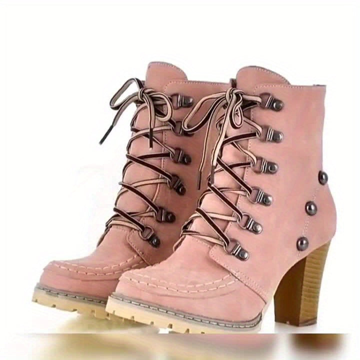 Women's Vintage Distressed Lace-Up Chunky Block Heel Ankle Boots - Western Style Round Toe Short Boots with & Outsole, Beige/Pink/, Hand Washable Rubber Sole (Brown Lace Compatible) for Jeans & Dresses