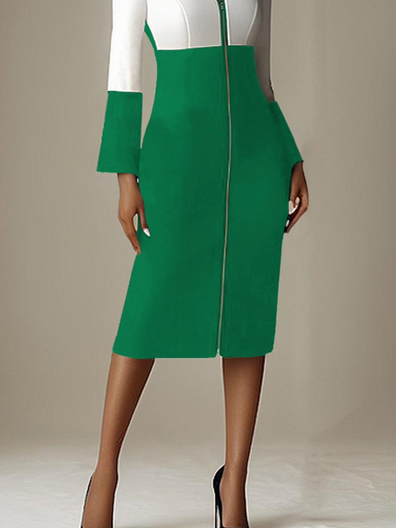 Women'S Elegant Long Sleeve party dress - Formal event gown with Zipper back, Green & Accent colors, Structured Stand-Up Collar, Fall/Winter Formal attire for Galas, Weddings, Business Functions - Women'S Formal Dresses