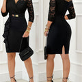 Women's Elegant Black Lace Patchwork Ruffled Hem & Slit Back Evening Dress with V-Neck, Cinched Waist & Belt - Structured A-Line Silhouette, Formal Party Wedding Gala Dress, Hand Washable Non-Stretch Fabric, Solid Color with