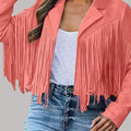 Women's Short Deerskin Jacket with Fringe Hem & Tassel Trim - Slim-Fit T-Shaped Silhouette, Zipper Closure, Round Neck Casual Coat for Spring/Fall (Hand Washable) - Grey/Black/Brown - Versatile Outerwear for Jeans & Dresses,