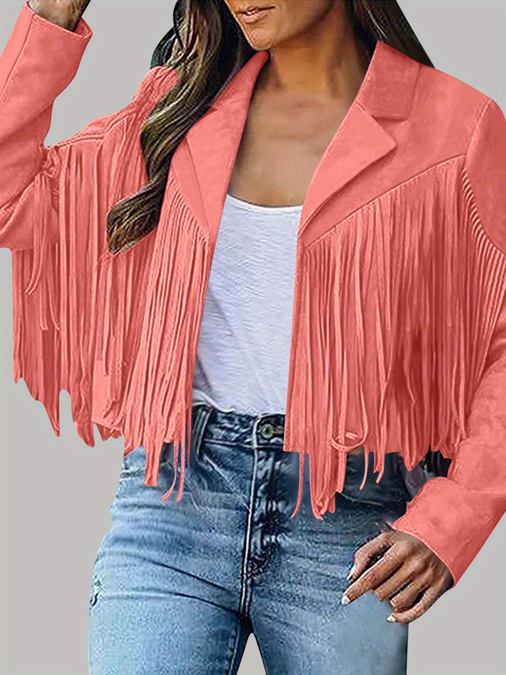 Women's Short Deerskin Jacket with Fringe Hem & Tassel Trim - Slim-Fit T-Shaped Silhouette, Zipper Closure, Round Neck Casual Coat for Spring/Fall (Hand Washable) - Grey/Black/Brown - Versatile Outerwear for Jeans & Dresses,
