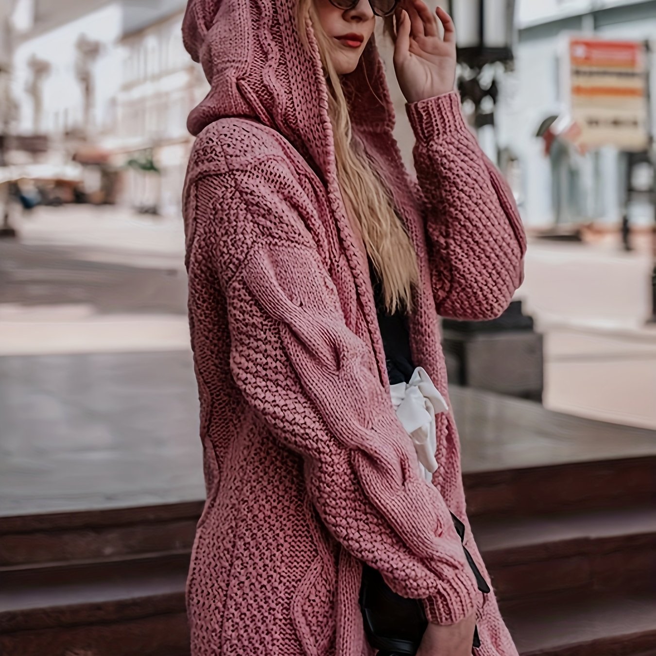 Women's Light Pink Soft Ribbed Cardigan Sweater - Hooded V-Neck Long Sleeve Open Front with White Piping Trim, Cozy Fall Winter Layering Jacket for Blouses/Dresses, Casual Indoor/Outdoor Wear, Hand Washable Sweater