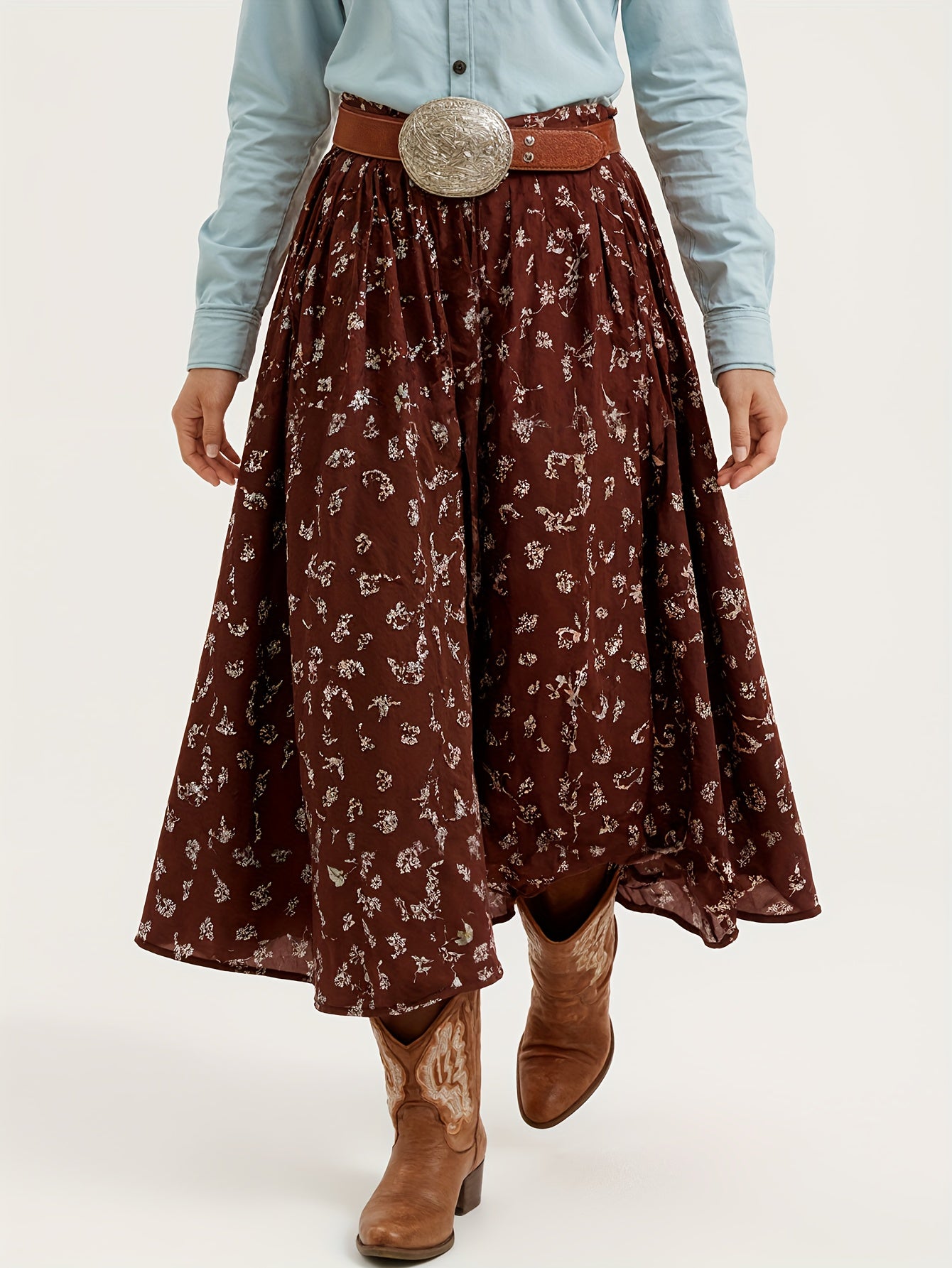Women's Vintage Western Denim High-Waist Skirt - Small Floral print ( bloom/neutral tones) - Machine Washable Fall Winter Elegant Half-Skirt for Parties, Photoshoots, Daily Outfits - Retro Denim Style for Dresses converted to