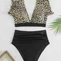 Bikini Black Solid Color Ruffle V Neck 2 Piece Swimsuit for Women – High Waisted Flattering Bikini Set with Lettuce Trim Bottoms – Sleek Stretchy Fabric Swimwear for Beach Days Poolside Style and Summer Vacation Looks