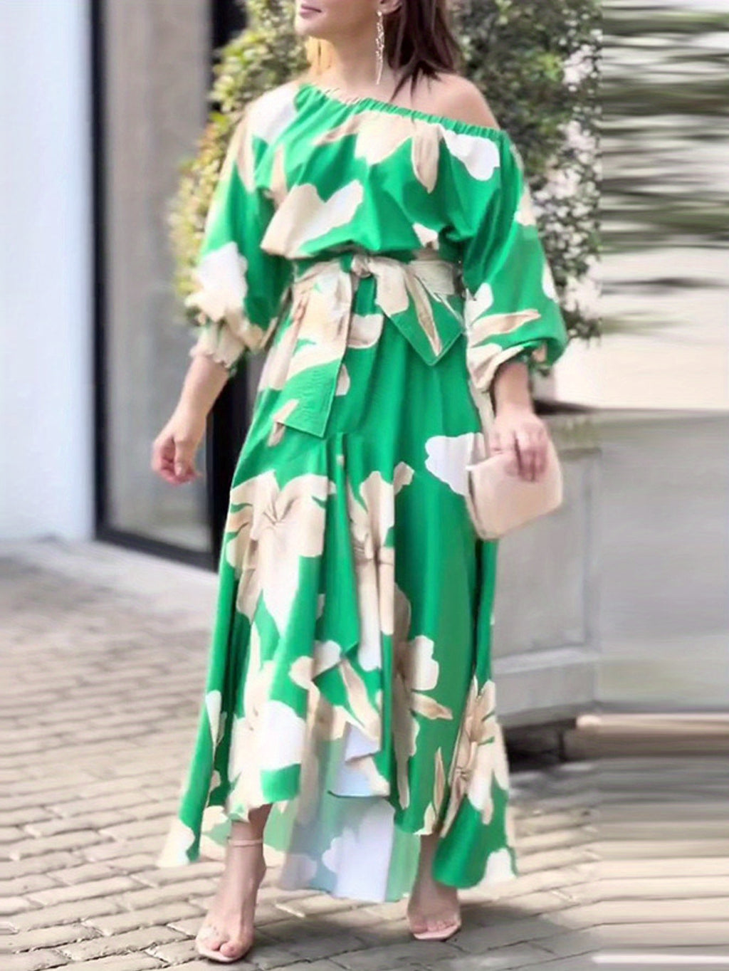 Plus Size - Plus Size - Plus Size, Women'S Elegant Plus Size Floral Print Maxi Dress with Puffed Lantern Sleeves - High Waist A-Line Silhouette, V-Neck Long Dress in Emerald Green & Beige, All-Season Formal & Semi-Formal Occa
