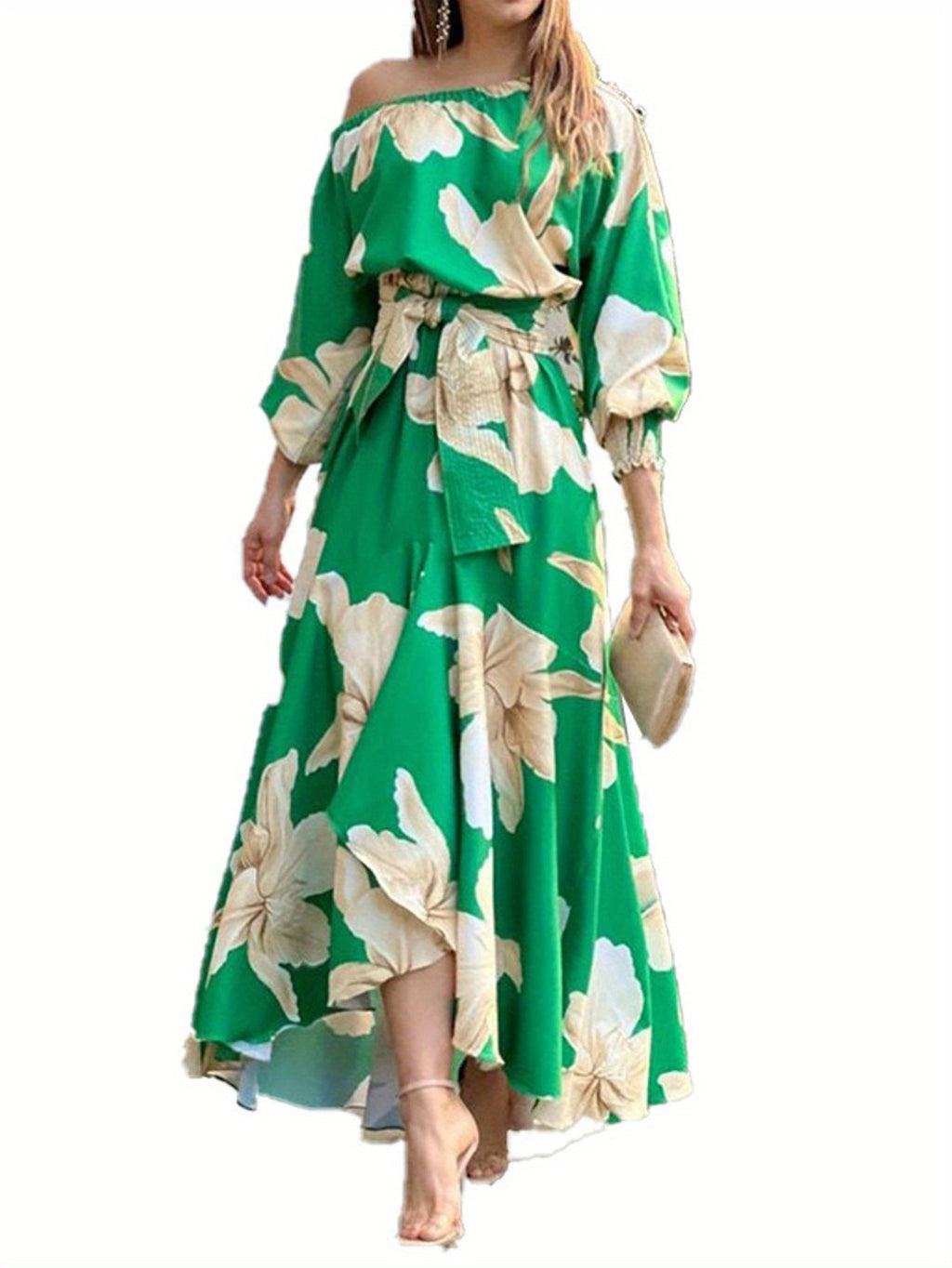 Plus Size - Plus Size - Plus Size, Women'S Elegant Plus Size Floral Print Maxi Dress with Puffed Lantern Sleeves - High Waist A-Line Silhouette, V-Neck Long Dress in Emerald Green & Beige, All-Season Formal & Semi-Formal Occa