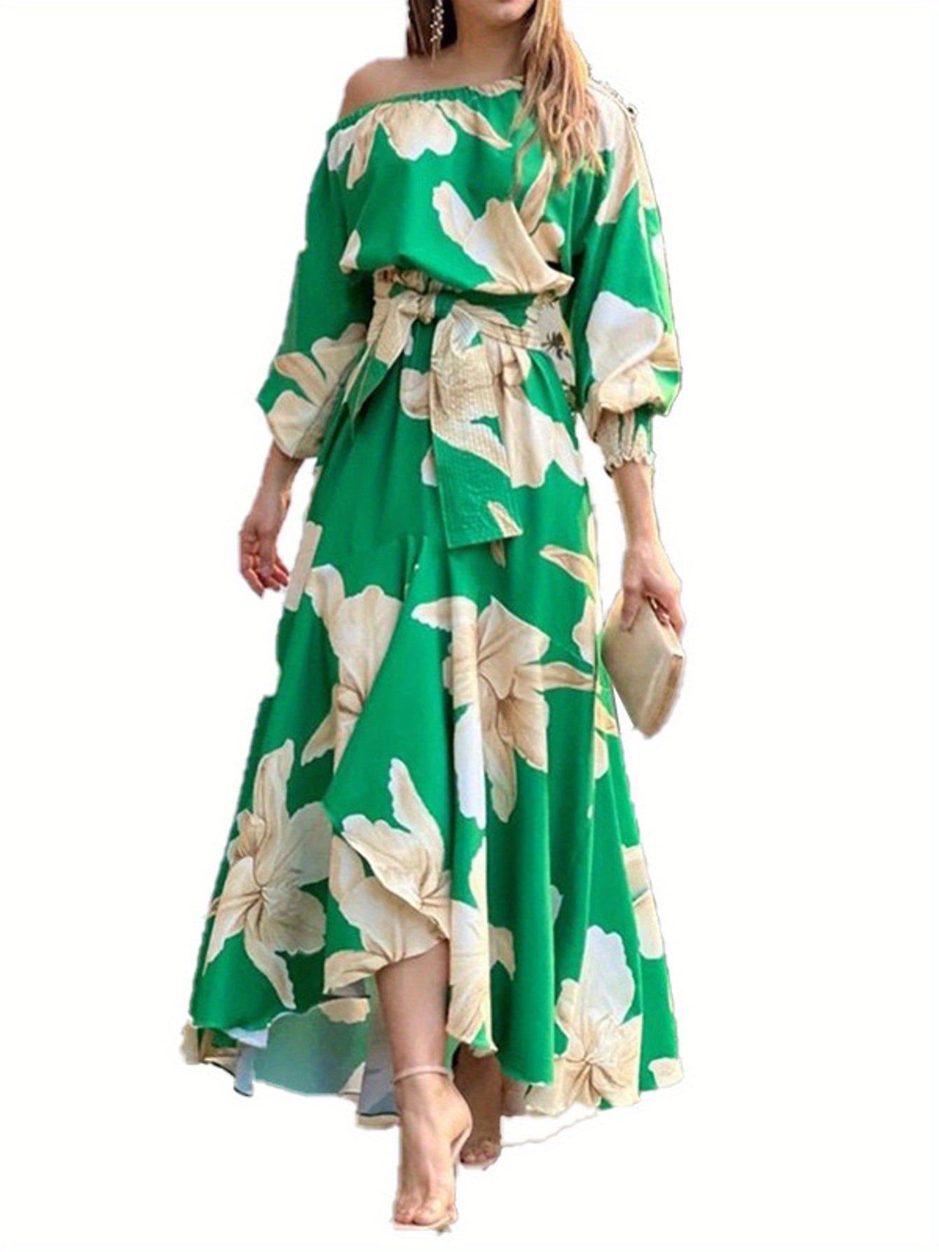 Plus Size - Plus Size - Plus Size, Women'S Elegant Plus Size Floral Print Maxi Dress with Puffed Lantern Sleeves - High Waist A-Line Silhouette, V-Neck Long Dress in Emerald Green & Beige, All-Season Formal & Semi-Formal Occa