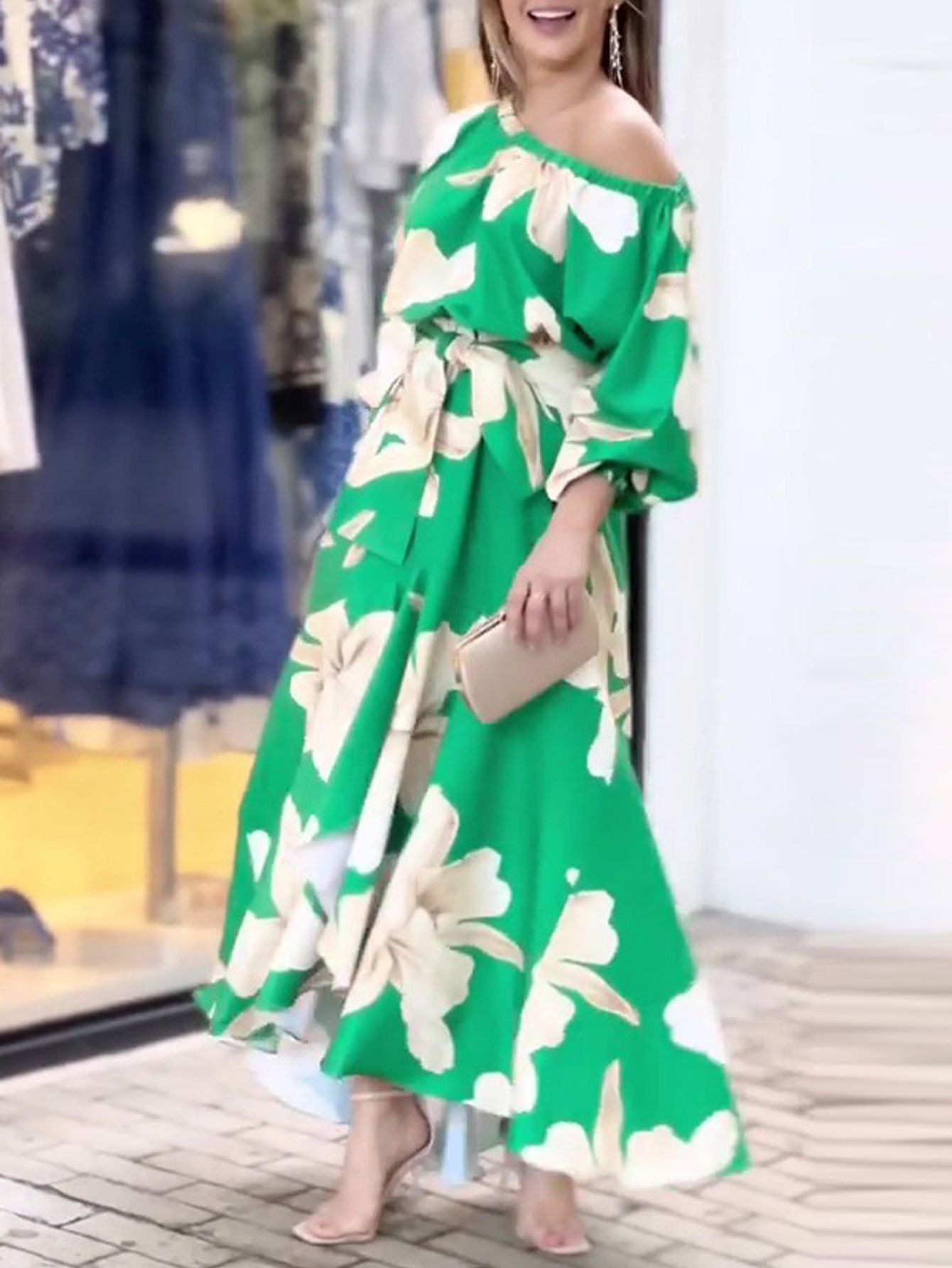 Plus Size - Plus Size - Plus Size, Women'S Elegant Plus Size Floral Print Maxi Dress with Puffed Lantern Sleeves - High Waist A-Line Silhouette, V-Neck Long Dress in Emerald Green & Beige, All-Season Formal & Semi-Formal Occa