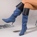 Women's Denim Stiletto Long Boots, Folding Design Slouch Knee High Boots, Fashion Slip On High Heeled Boots