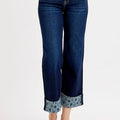 RISEN Full Size Mid Rise Fit Crop Wide With Printed Cuff Jeans Plus Size