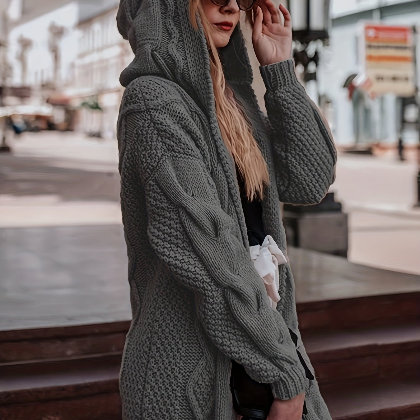 Women's Light Pink Soft Ribbed Cardigan Sweater - Hooded V-Neck Long Sleeve Open Front with White Piping Trim, Cozy Fall Winter Layering Jacket for Blouses/Dresses, Casual Indoor/Outdoor Wear, Hand Washable Sweater