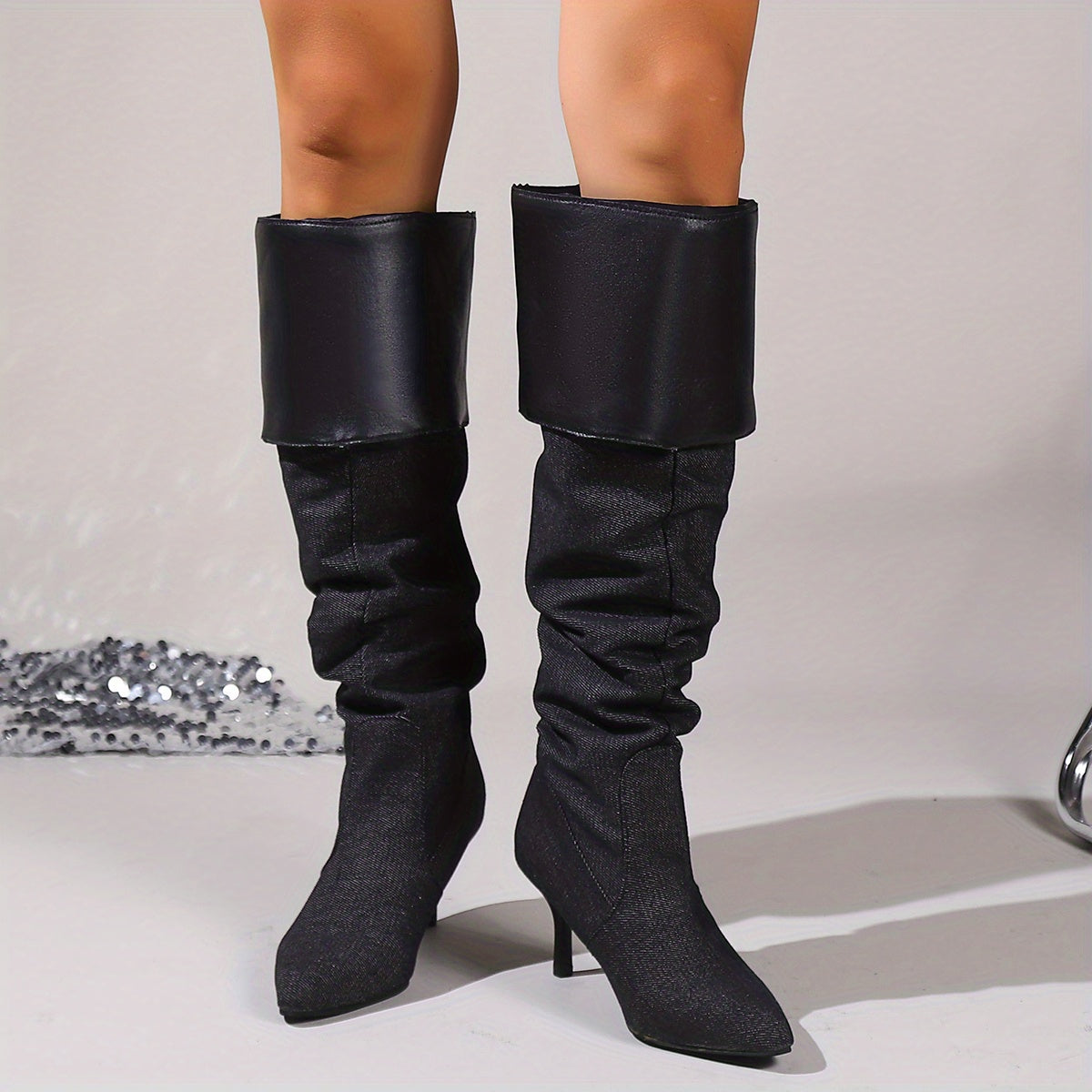 Women's Denim Stiletto Long Boots, Folding Design Slouch Knee High Boots, Fashion Slip On High Heeled Boots